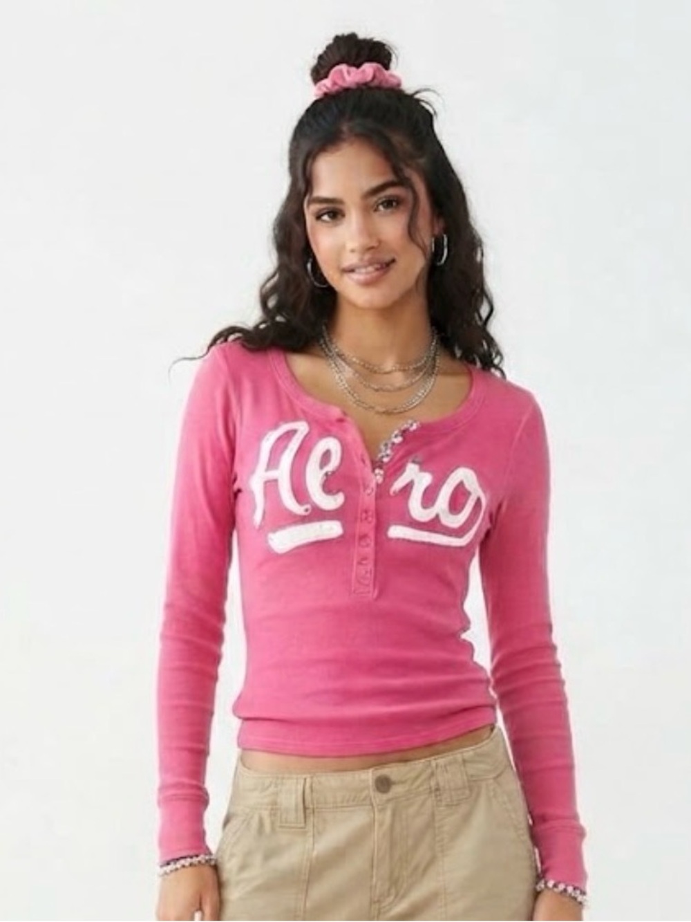Dead Stock Y2K Aeropostale Pink Long Sleeve Henley Thermal Shirt XL